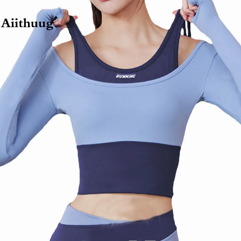 Aiithuug Build-in Cup Gym Crop Tops Yoga Shirts Gym Shirts Sports Workout Top Sexy Shoulder Fake Two Pieces Yoga Long Sleeve