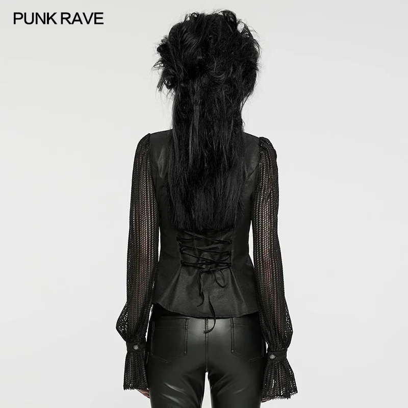 PUNK RAVE Women\'s Gothic Lantern Sleeves Exquisite Pattern Pleated Visual Shirt Messy  Beauty Sexy Tops Women Clothing