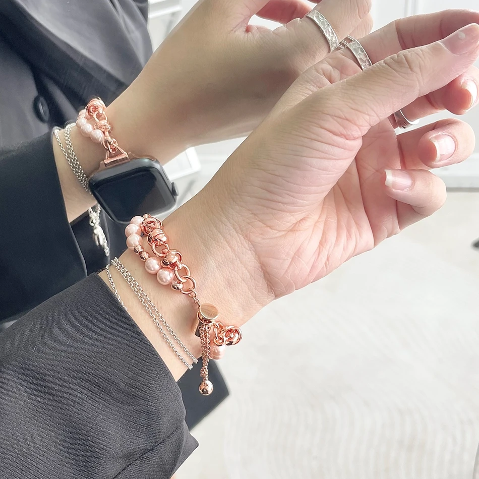 Correa de metal con cadena de perlas de moda para Apple Watch Ultra 49mm iWatch Series 7 8 6 SE 4 5 38/40/41mm 42/44/45mm: Pulsera de banda de reloj elegante