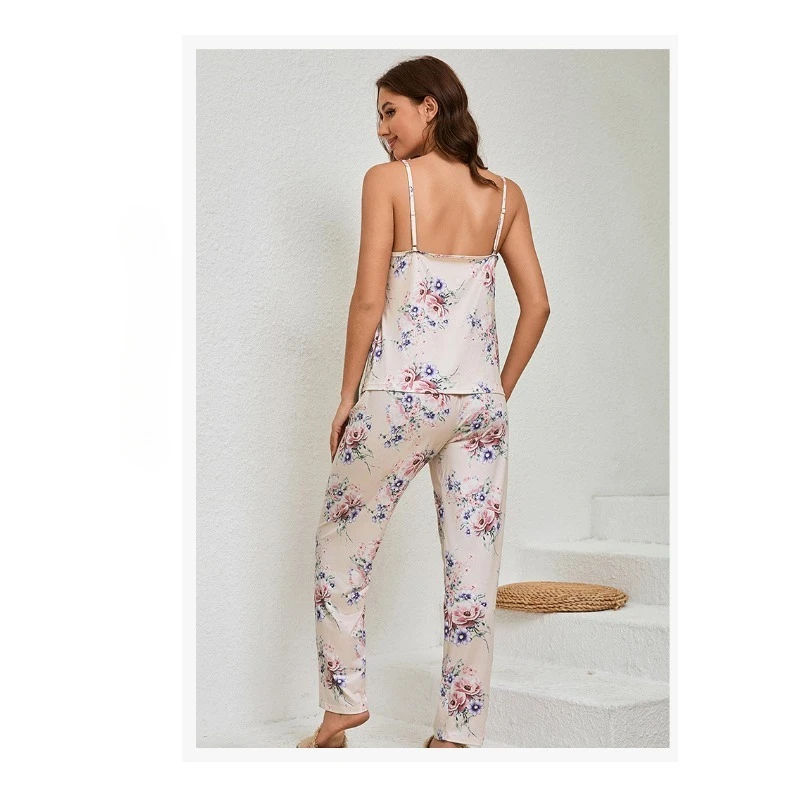 3-teiliges Set Damen Herbst Bedruckter Morgenmantel Trägerhemd Lange Hose Pyjama-Set Loungewear Homewear