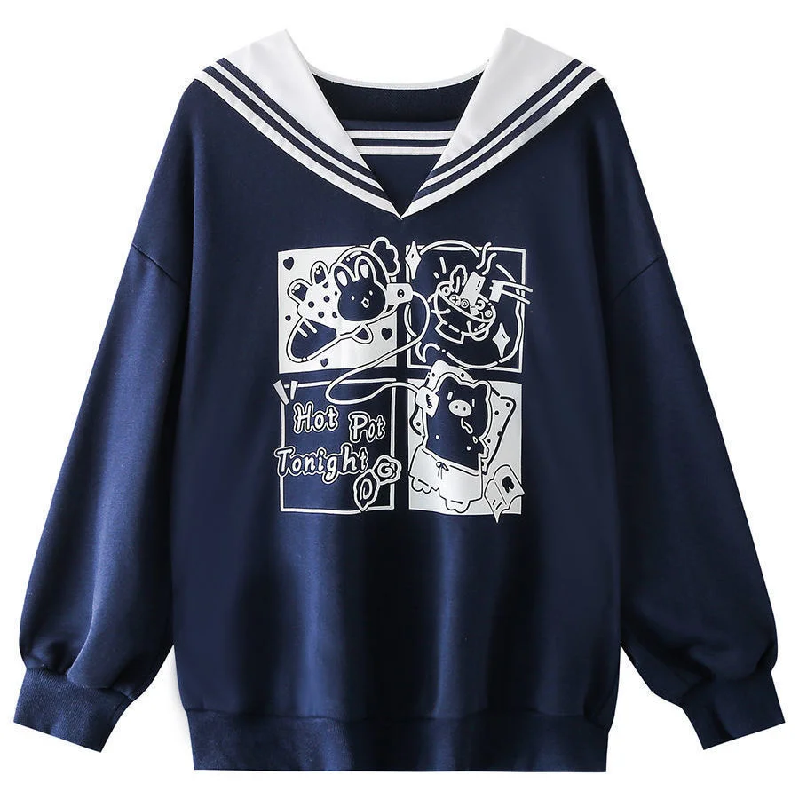 Japanese Preppy Style JK Student Teen Girl Casual Sweatshirt Patchwork Sailor Collar Cartoon Print Kawaii Hoodies Bestie Clothes