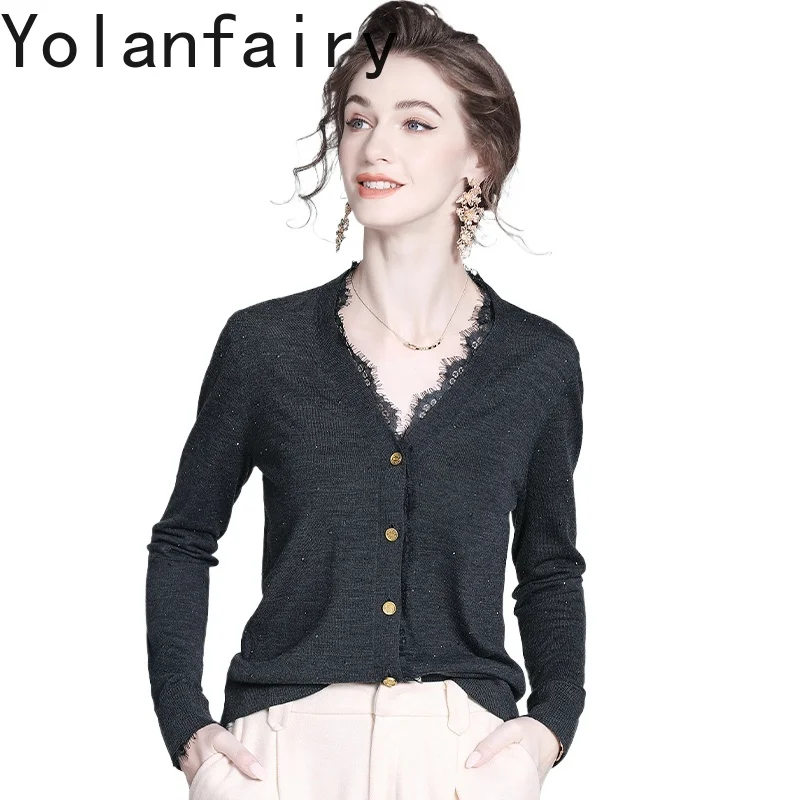 

YOLANFAIRY 30,2% шерстяные свитера для женщин, корейский модный кардиган с кружевными краями, женский базовый слой с v-образным вырезом, серый свитер, женские кардиганы