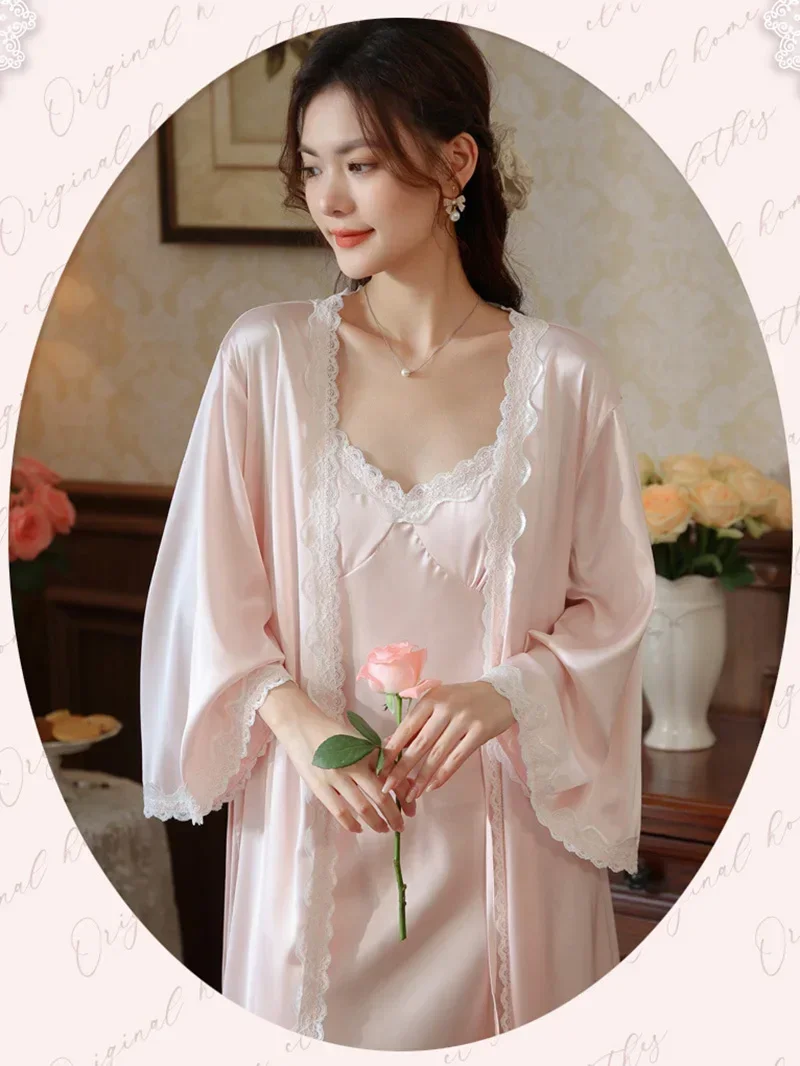 Long Sleeve Robe Nightdress Pajamas Two Piece Sets Women Spring Silk Vintage Princess Nightgowns Chest Pads Sleepwear Clothing