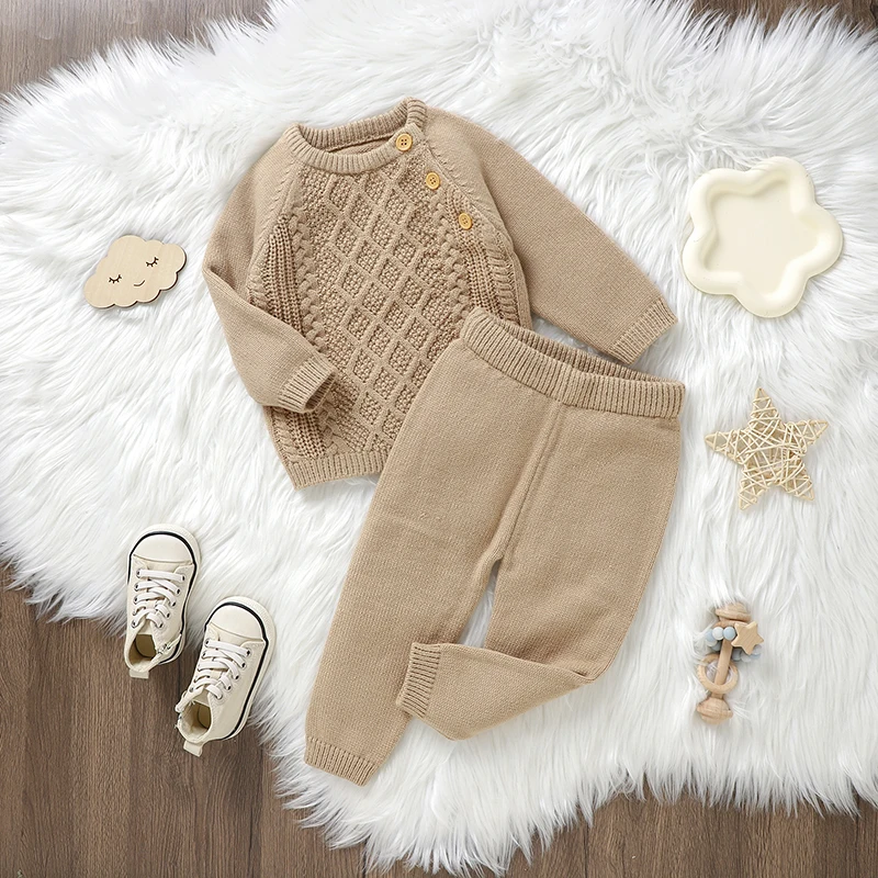 Spring Baby Clothes Sets Autumn Winter Outerwear Newborn Boys Girls Solid Long Sleeve Sweaters Pullovers+Pants Outfits 2pcs Wear