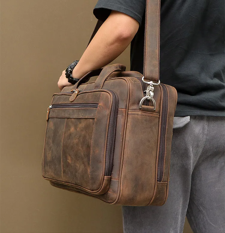High Quality Genuine Leather Men Briefcase Business Bag Crazy Horse Leather Large 17'inch Laptop Bag Male Portfolio Office Case
