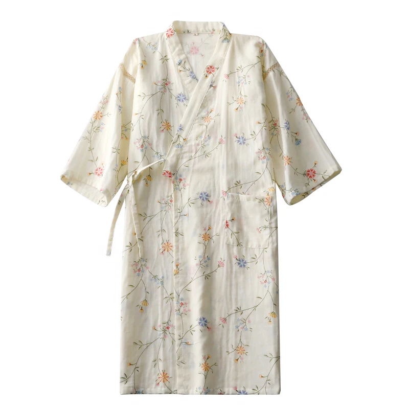 Openwork Kimono Robe Women Pure Cotton Gauze Thin Summer Beige Print Seven Quarter Sleeve Loose Sweat Robe Robe Thin