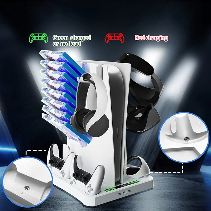 ABFN-For PS VR2 PS5 Charging Station With Cooling Fan, VR Charging Display Stand With Headset And Game Storage Holder White Part