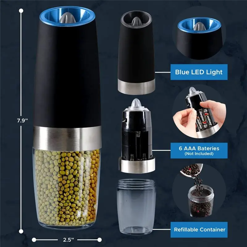 

(AIMA) (2 Pack) Gravity Electric Salt and Pepper Grinder Set Battery Operated One Hand Automatic Operation, Adjustable