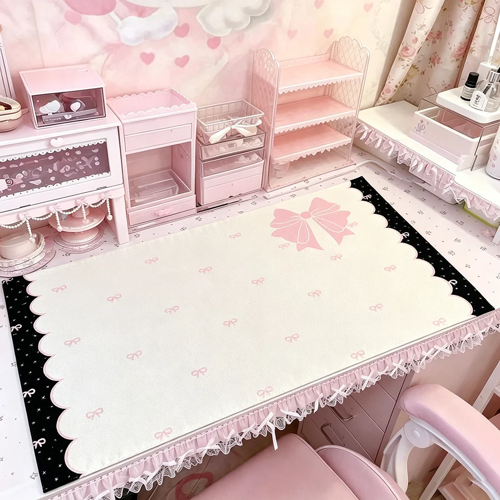 Full Screen Polka Dots Bow Star Leather Desk Pad Protector Y2K Mouse Pad Office Desk Mat Waterproof Non-Slip PU Desk Blotter Pad