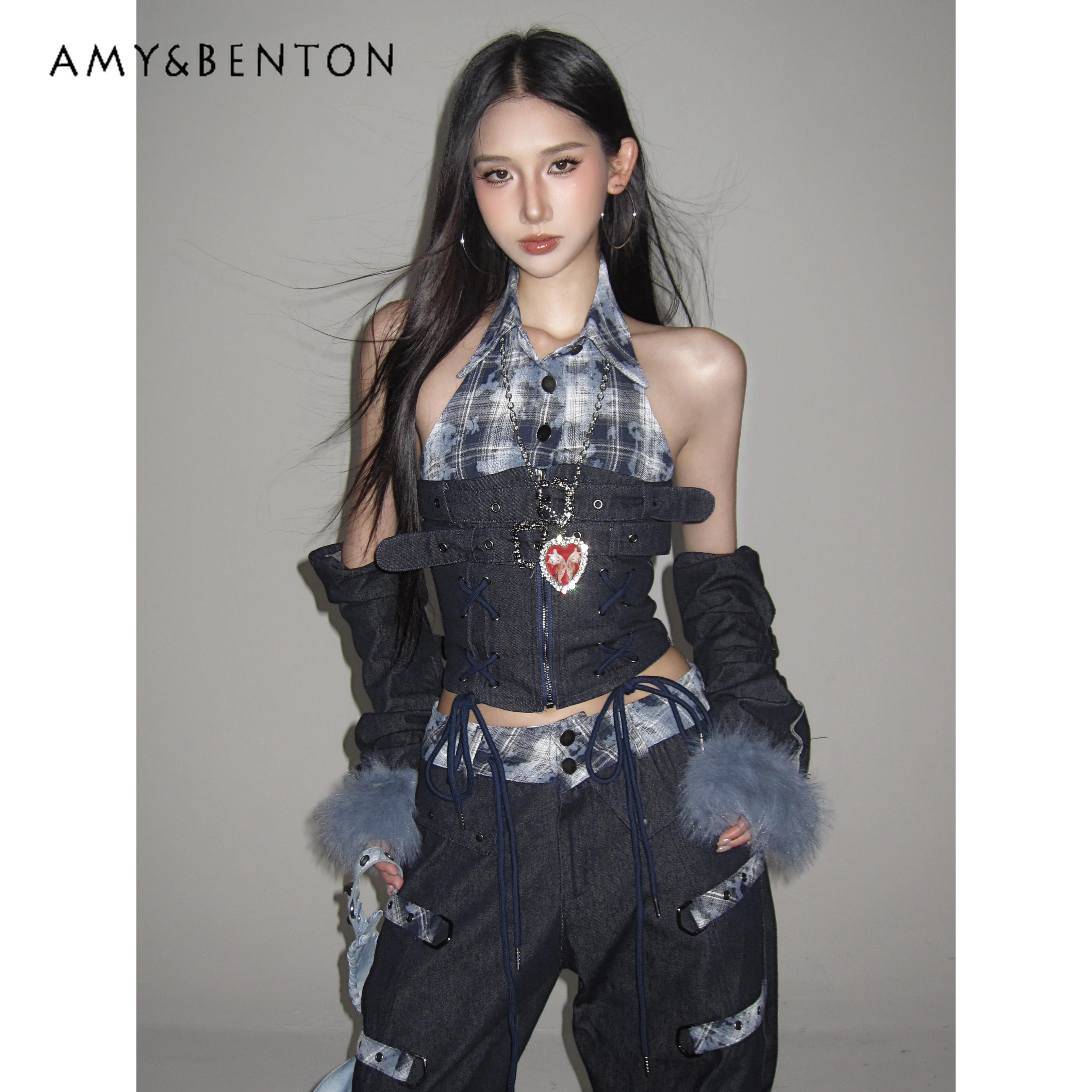 

New Hot-Selling American Retro Style Hot Girl Blue Plaid Halter Neck Tube Top Vest Red High-Waisted Patchwork Loose Jeans Set