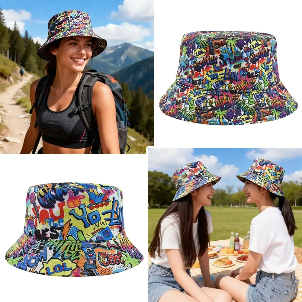 

Spring Summer Graffiti Sunscreen Bucket Hats Letter Print Double-Sided Fisherman Hat Breathable Portable Fishing Cap Women Men
