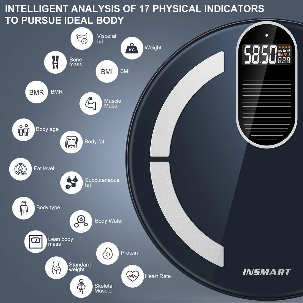 INSMART-báscula de peso corporal Digital Solar, balanza de bioimpedancia, carga de energía ligera, grasa corporal inteligente, básculas electrónicas