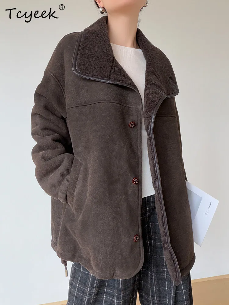 Tcyeek 本革ジャケット レディース 天然メリノ羊毛皮コート 冬用ジャケット 2025 ミドル丈衣料 女性用