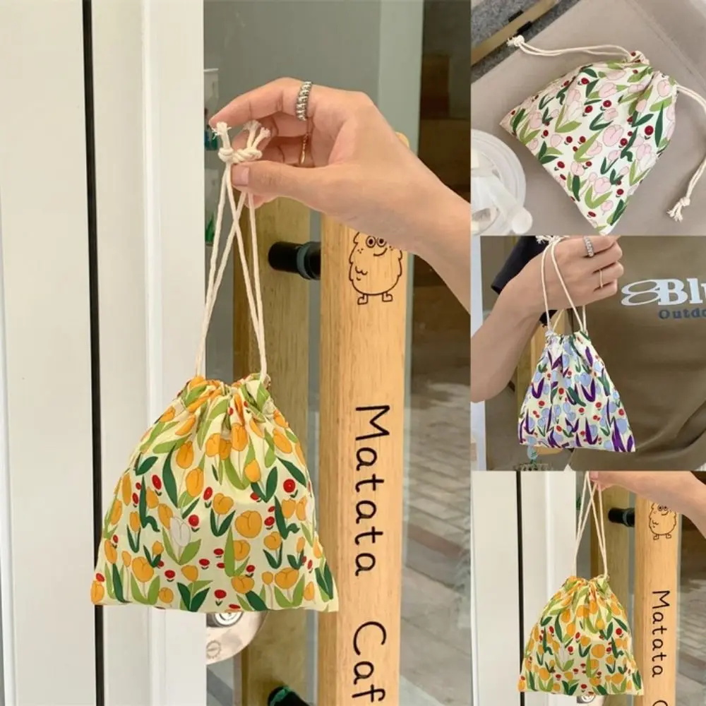 Fresh Canvas Drawstring Storage Bag Portable Drawstring Purse Tulip Mouth Storage Bag Girl
