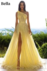 Bella Luxury Beaded Prom Dresses Yellow One Shoulder Wedding Dress Customized Sleeveless Sexy Side High Split Vestidos De Fiesta