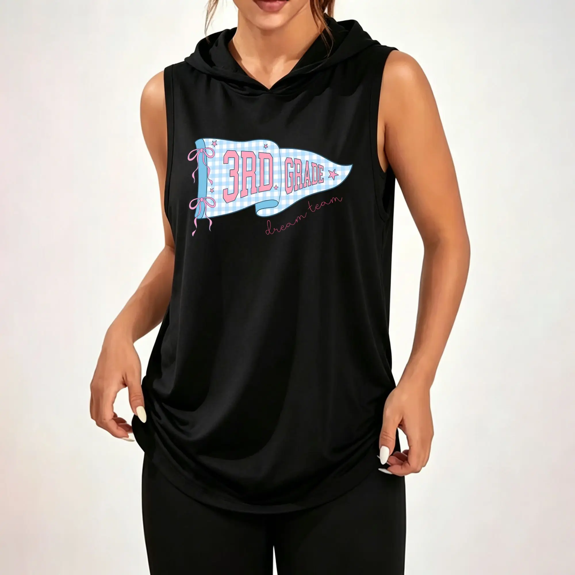 Women's Sleeveless Hoodie, 3rd Grade Dream Team Pennant Flag Plaid Bow Graphic Print Casual Hooded Tank Top