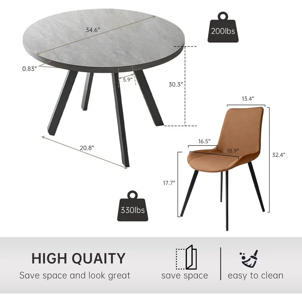 Compact 34.6 Grey Round Dining Table with 2 Brown Chairs, Modern Space-Saving Casual Set for Apartments