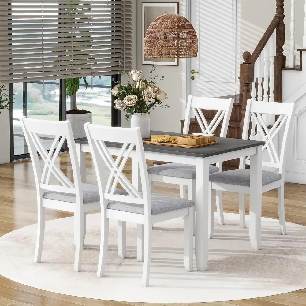 Dining Table Set for 4, Rustic Minimalist Wood 5-Piece Dinner Tables Sets with 4 X-Back Chair, Dining Room Set Home Furniture