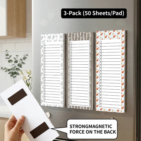 3pcs/Set, 150 Sheets Magnetic Fridge Notepad, Kitchen Grocery Shopping List Pad, Dry Erase Memo Checklist Board, Weekly Meal Pla