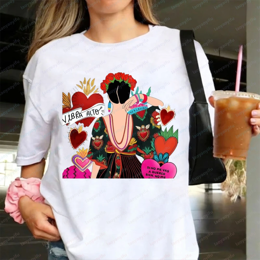 Camiseta de Arte Mexicana Vintage Frida Kahlo com Estampa de Corações e Flores, Camiseta Casual de Algodão, Roupas de Verão da Moda para Mulheres