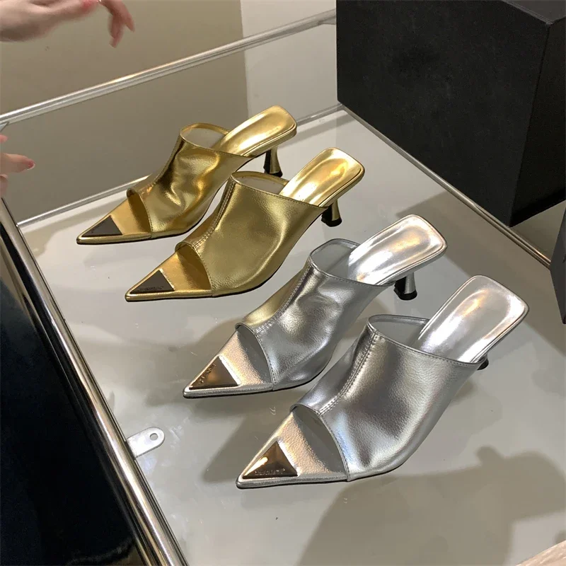 Summer Gold Pointed Toe Slide Slippers Women Sexy Open Toe Thin Low Heels Sandals Party Prom Ladies Designer Shoes Elegant Mules