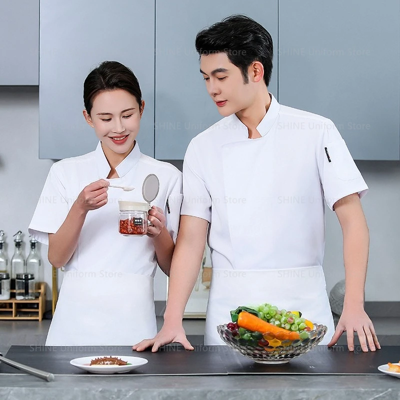 Pantaloncini da cuoco da cucina Cappotto da cuoco traspirante Giacca da ristorante a maniche corte Estate Uomo Nero Uniforme da cuoco Grembiule Abiti da lavoro Logo