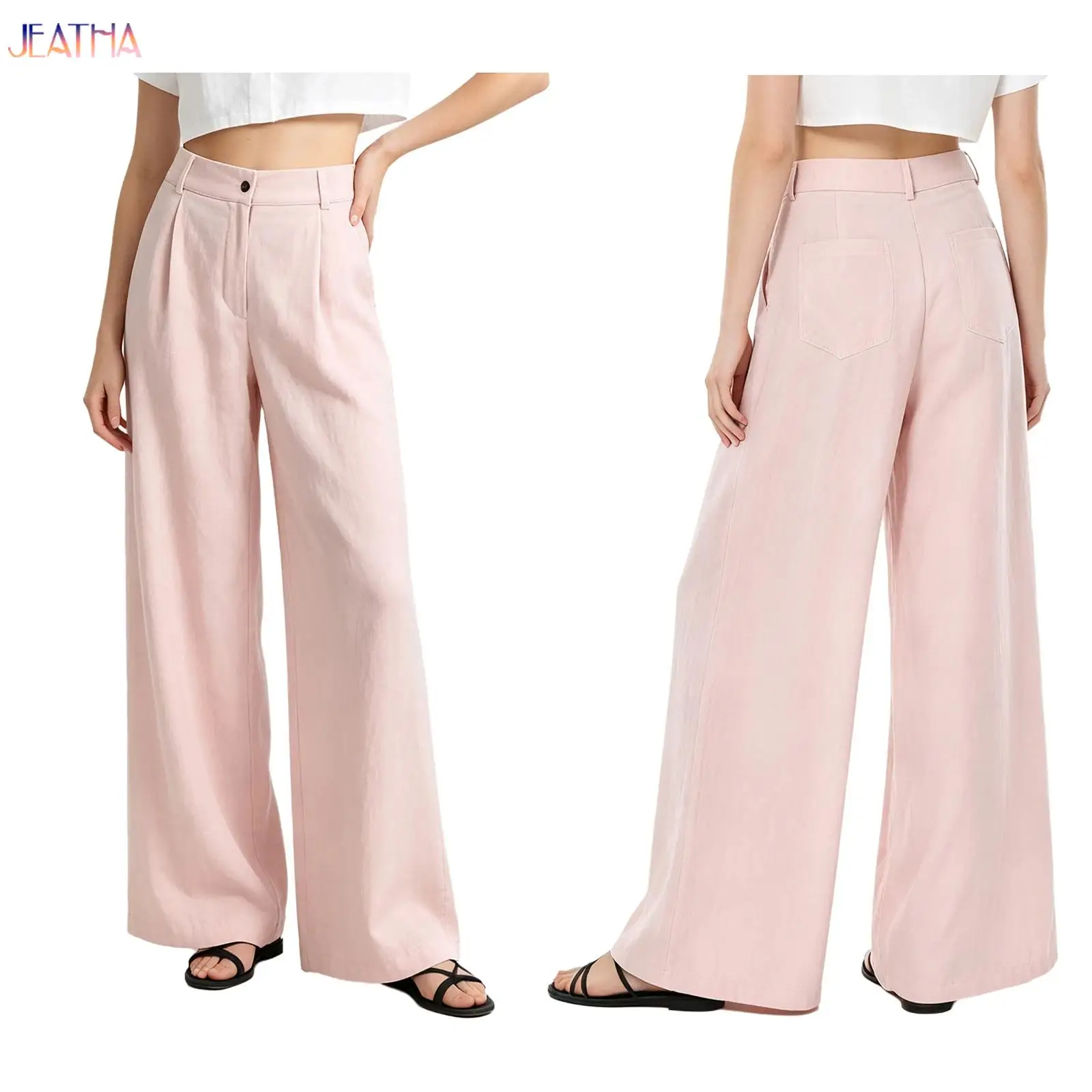 Women's Wide Leg Pants Casual Trousers High Waist Anti-wrinkles Long Pants with Pockets Solid Color Pants for Office Work Travel