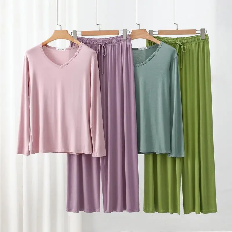 

2PCS/Set Women Solid Color Long Sleeve Tops Autumn High Waist Pant Leisure Wear Female Pajama Set