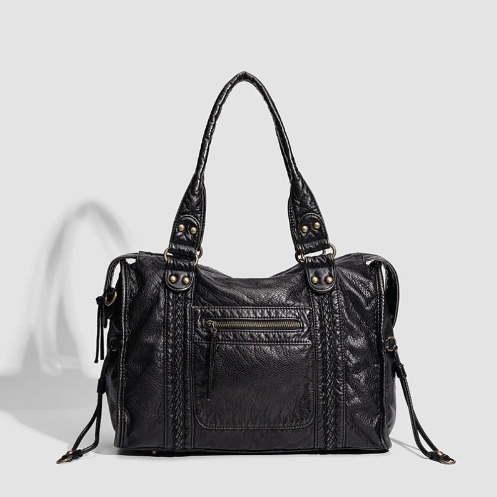 

2026 Korean version women's bag Amazon casual washed leather shoulder bag soft leather retro locomotive bag messenger bag