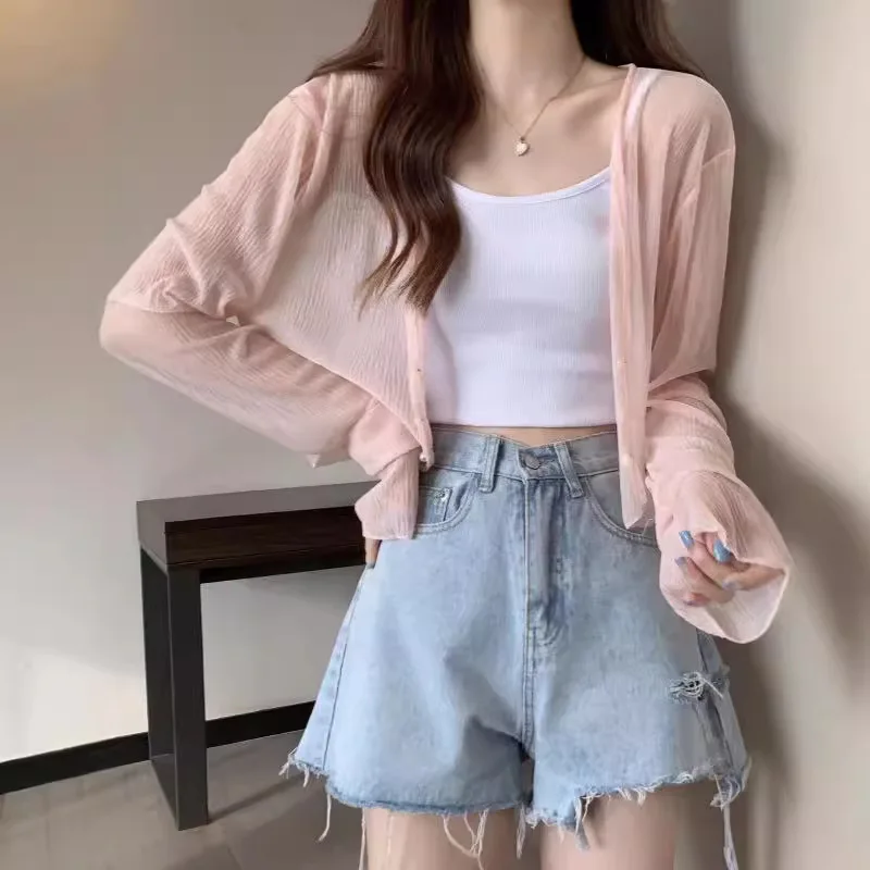 

Короткий вязаный солнцезащитный кардиган из ледяного шелка, женская тонкая летняя юбка на подтяжках, модная куртка, накидка с кондиционером D962