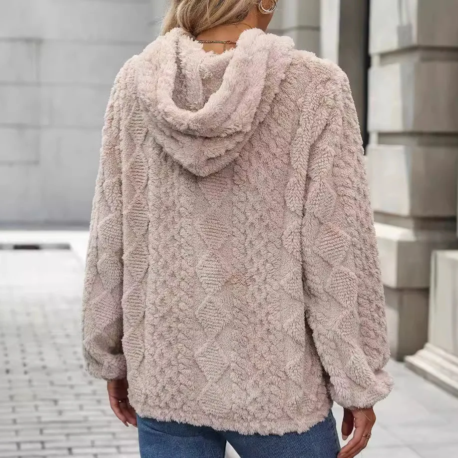 2025 Autumn and Winter New Women's Plush Jacquard Fabric Long Sleeve Loose Hoodie
