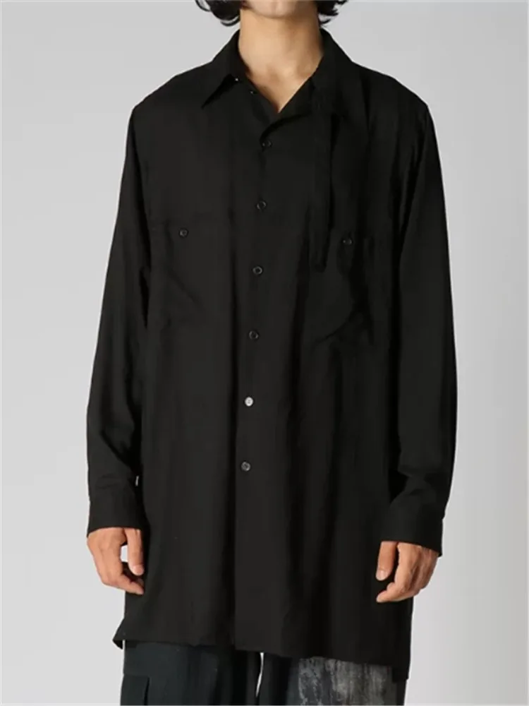 

2026 Men's original design, a solid-color black long-sleeved plus-size shirt made of recycled fiber with a flowing collar