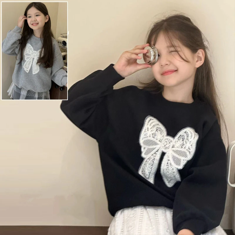 

Children Fashion Sweatshirt with Bows for Girls Coat Autumn Clothing Cotton Hoodie Brief Style Kids Casual Outfit Age 4 To 14 Y