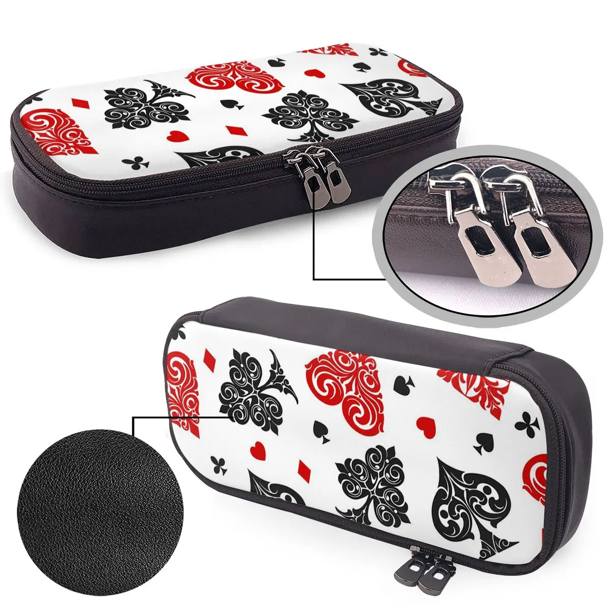 Estuche de cuero con iconos de cartas de póquer para niños y niñas, caja para bolígrafos, bolsa para lápices, suministros de papelería, bolsa para guardar bolígrafos