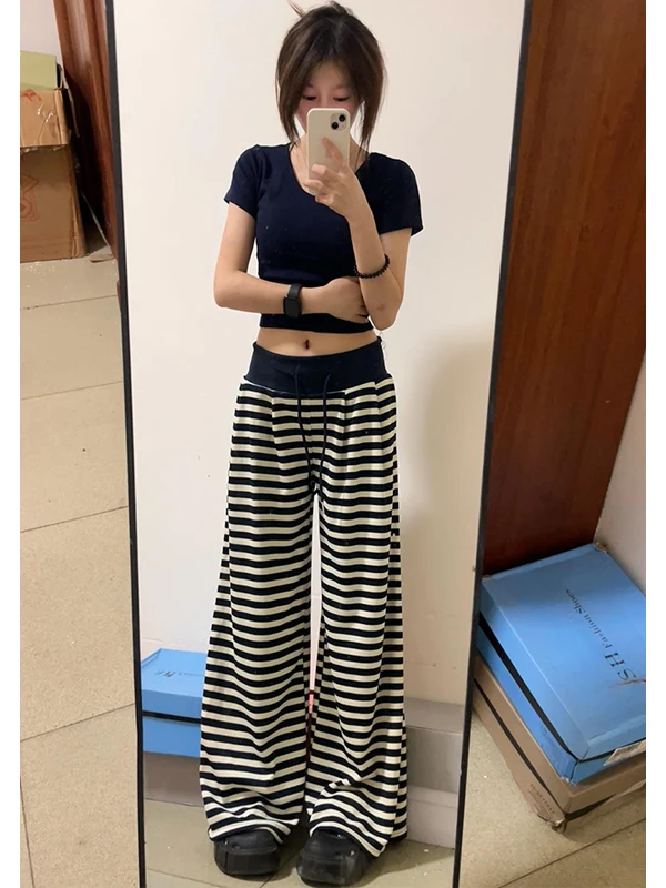 ハイウエストワイドレッグパンツ レディース カジュアルパンツ ストライプカラー ブロードレープ 秋ファション スリミング ロングストライプパンツ