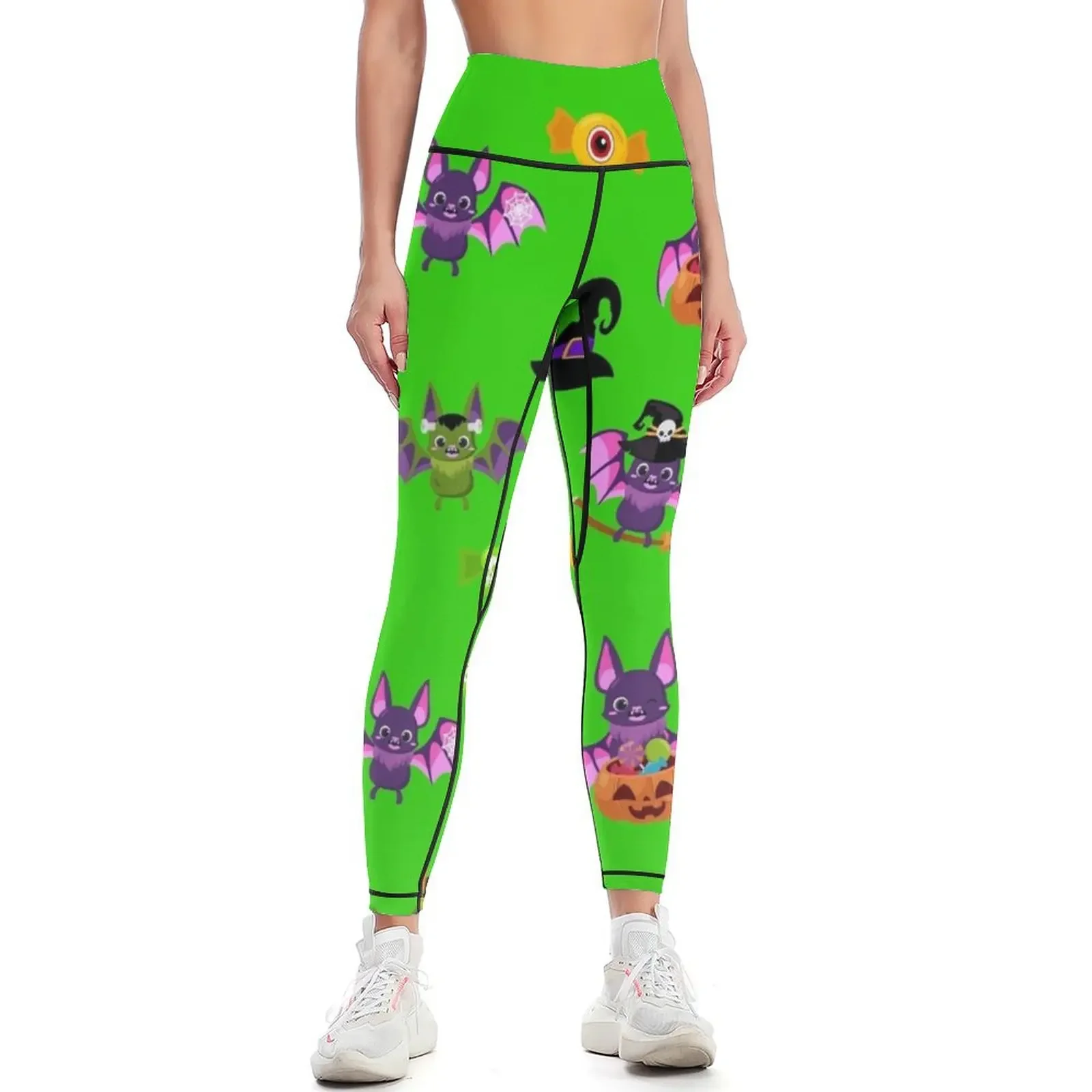 

Cute Halloween Bats Seamless Pattern Green Leggings Women sports Sweatpants Women's gym push up legging Womens Leggings