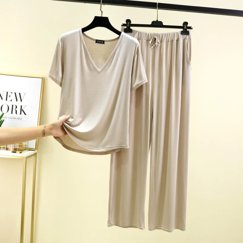 Sommerliches Strick-Set mit hochtaillierter, weitem Bein Hose und V-Ausschnitt Kurzarm-Oberteil aus Modal, lässige Hauskleidung mit Gürtel, große Größen, Outdoor-Bekleidung
