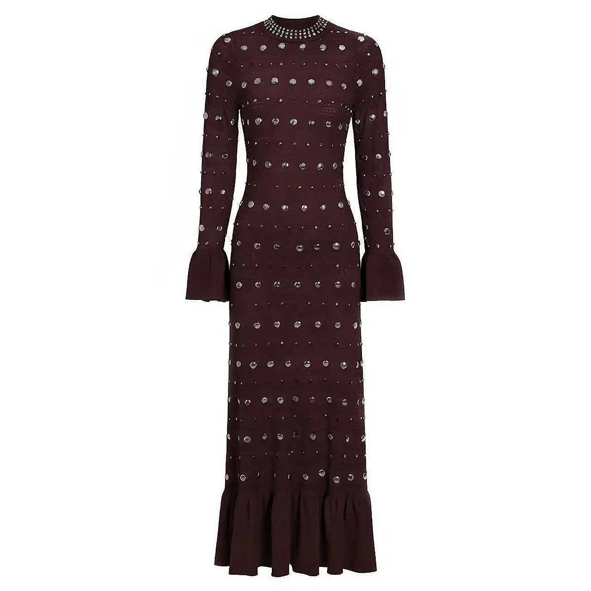 LEOSOXS Vestido maxi feminino luxuoso cravejado, punhos queimados e silhueta com babados para elegante tapete vermelho, estilo de gala, look 2025