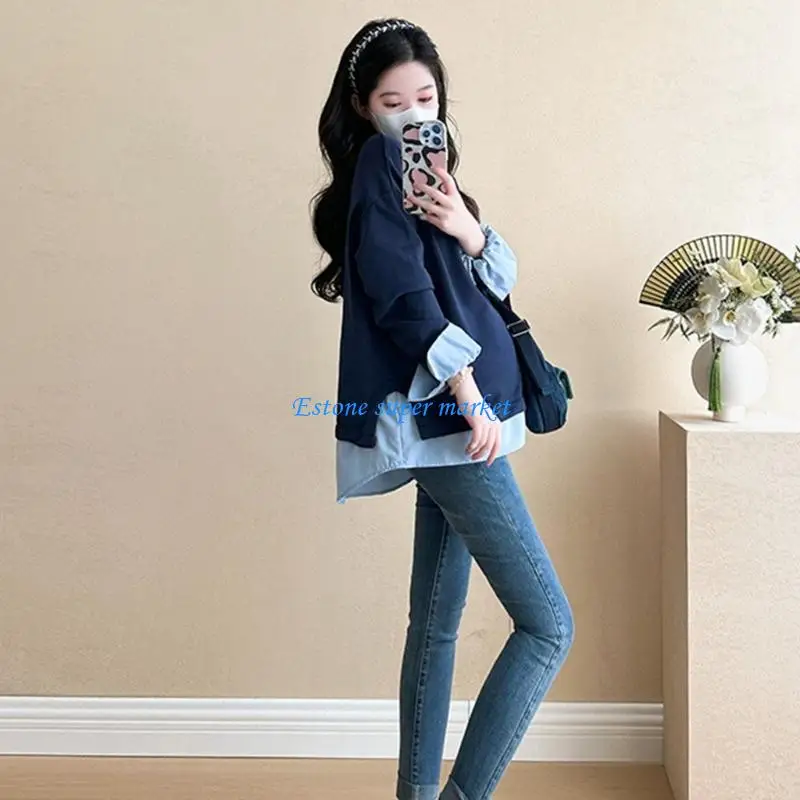 090B Верх из мягкого хлопка для беременных, свободный крой, функциональный искусственный дизайн из двух частей