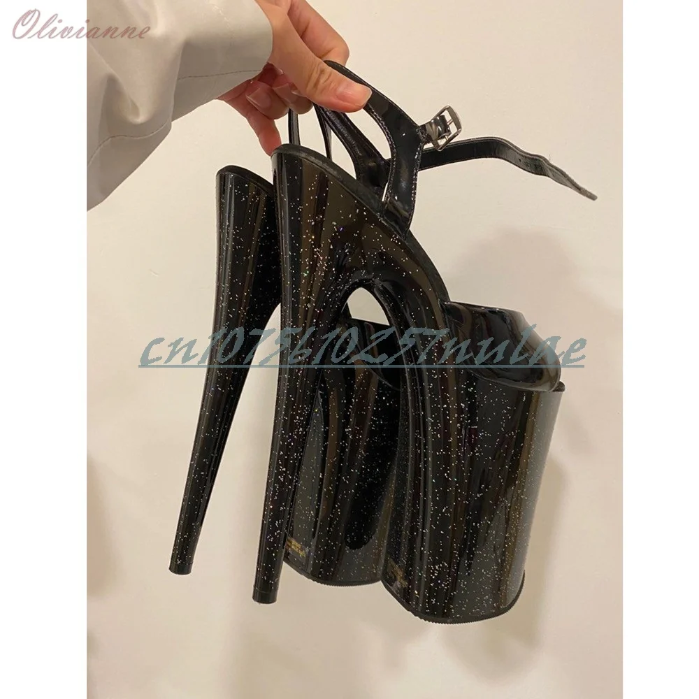 Shiny Black Glitter Platform Stiletto Sandals Ankle Strap Buckle 2026 Fashion Hot Pole Dancing Shoes for Nightclub Performance