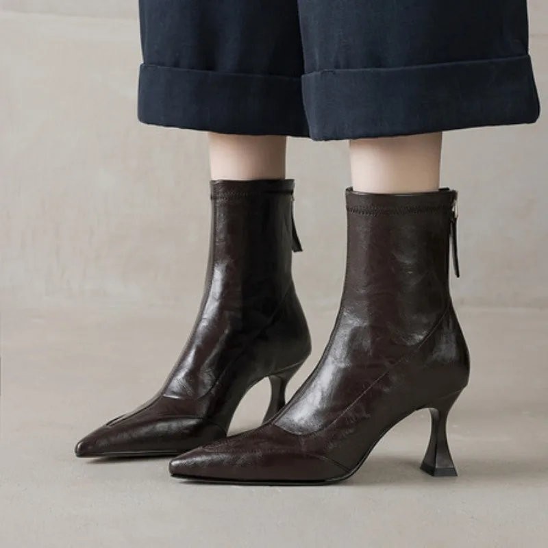 

Women High Heel Short Leather Boots Female Pointed Thin Heel Boots Ladies Ankle Short Boots Botas De Mujer