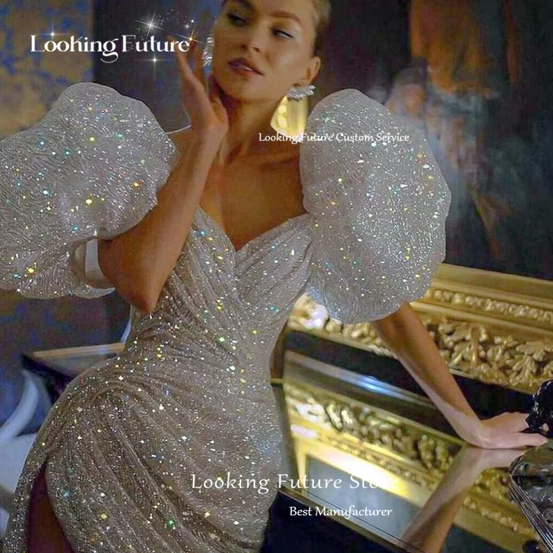 Robe de mariée courte sirène pour femme, mini robe de mariée sans bretelles, paillettes brillantes, épaule dénudée plissée, élégante, Novia, 2024, 2024