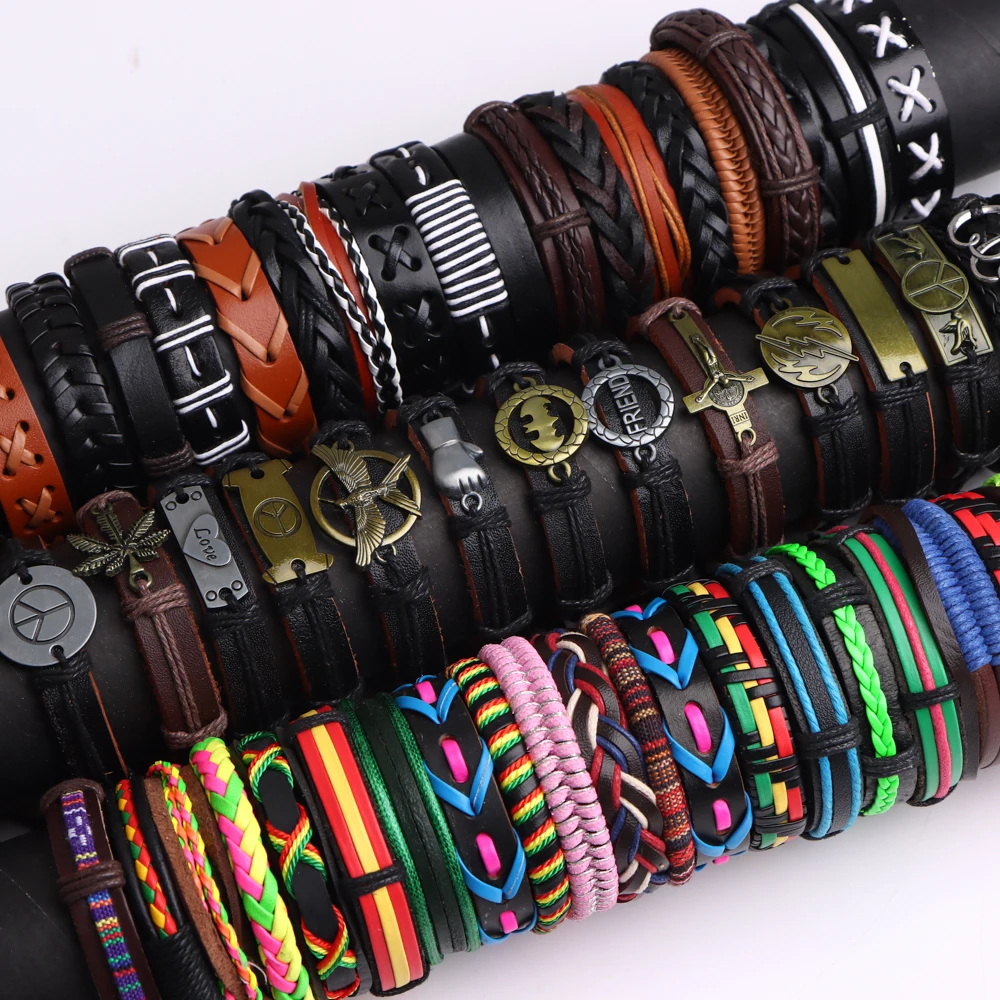 10/20/30/50Pcs/Lot Leather Retro Punk Metal Bracelets For Men Women Mix Style Alloy Weave Handmade Adjustable Jewelry Wholesale