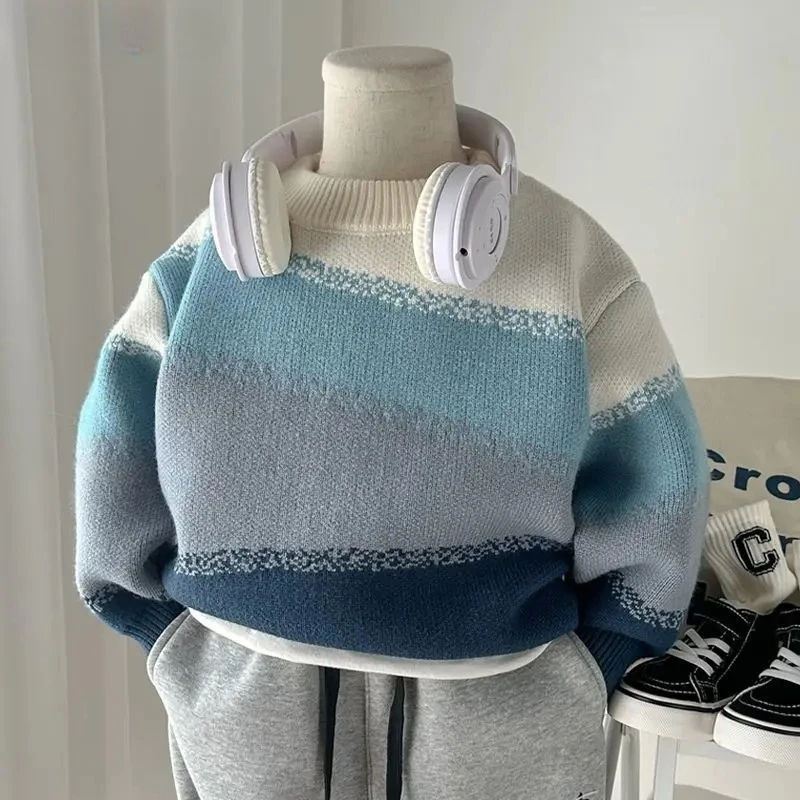 

Autumn Winter Children's Clothing for Boy Thicke Knitted Sweater Round Neck Korean Kids Pullover Sweater Handsome Boy Sweater