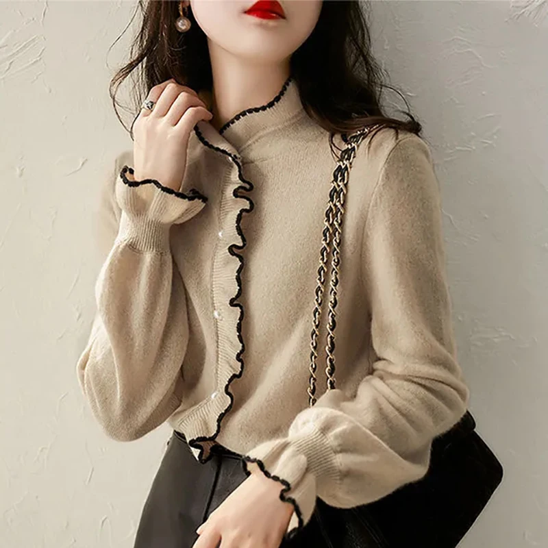 Korean Fashion Sweater Elegant Ruched Turtleneck Spring Autumn Small Fragrance Bottoming Long Sleeve Top Women Slim Pullovers