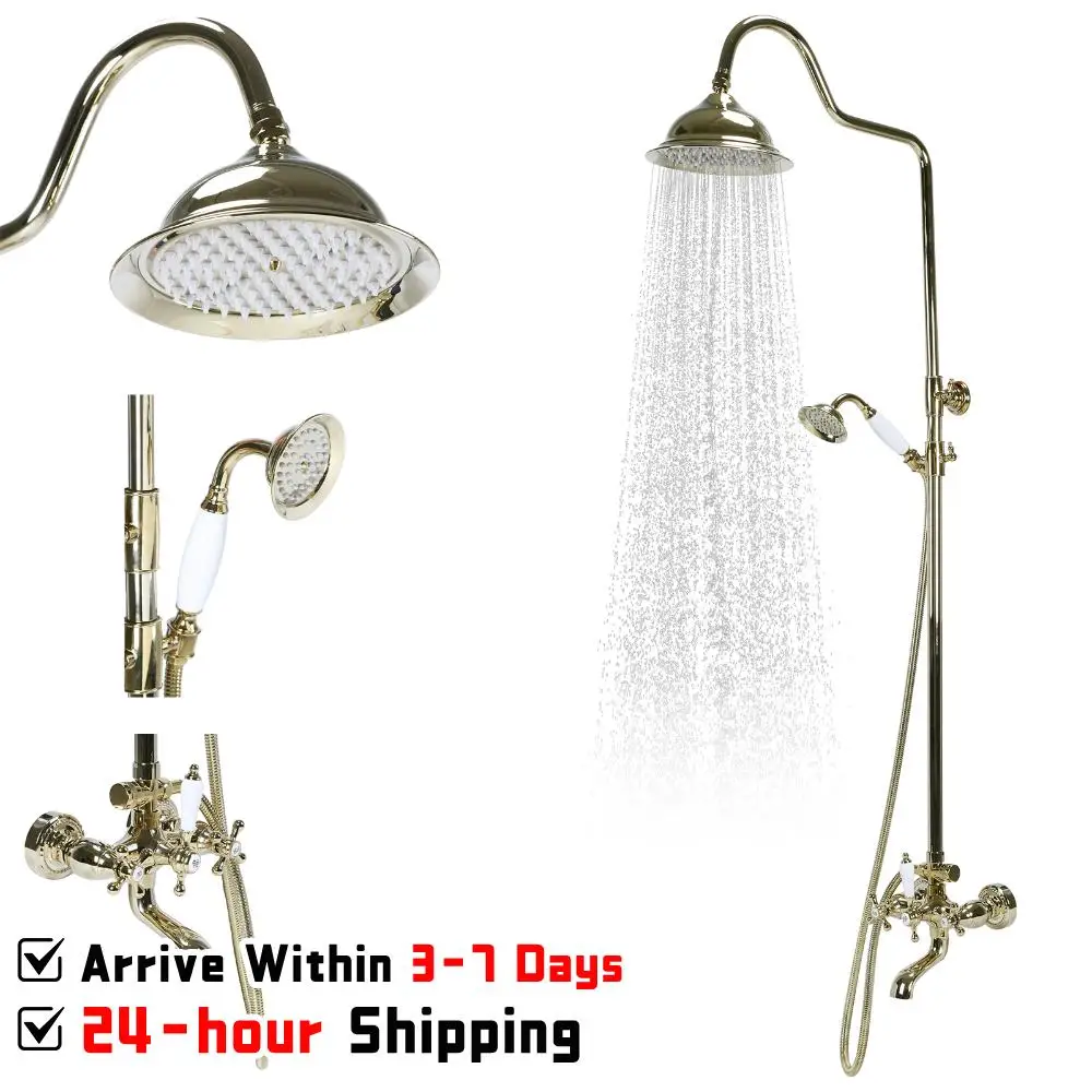 

Антикварный золотой душевой набор с ручками-кнопками, смесителем и ручным распылителем для ванны, нержавеющий, для дома, ванной комнаты, отеля, СПА