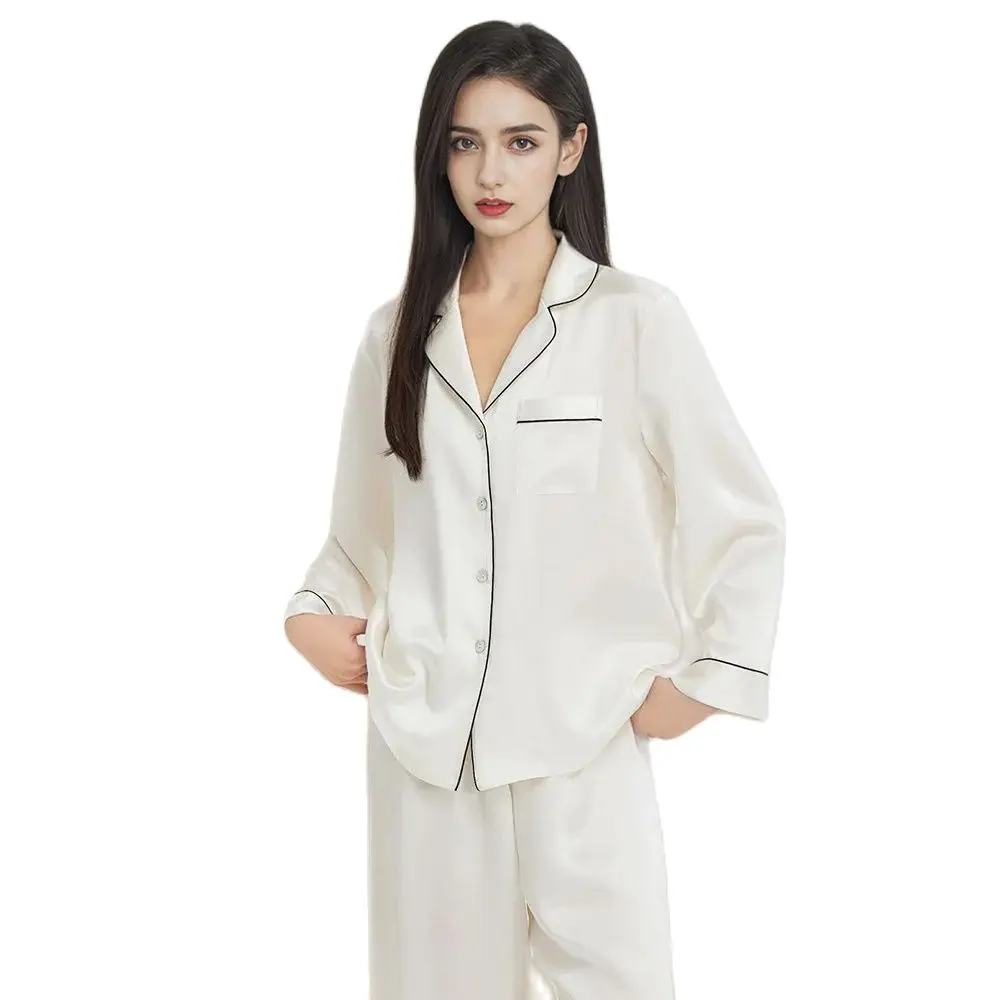 BirdTree, 19MM 100%Real Silk Pajamas Set, Women Long Sleeve Solid, Sexy Casual Long Pants Homewear, 2024 Summer Autumn S48086QC