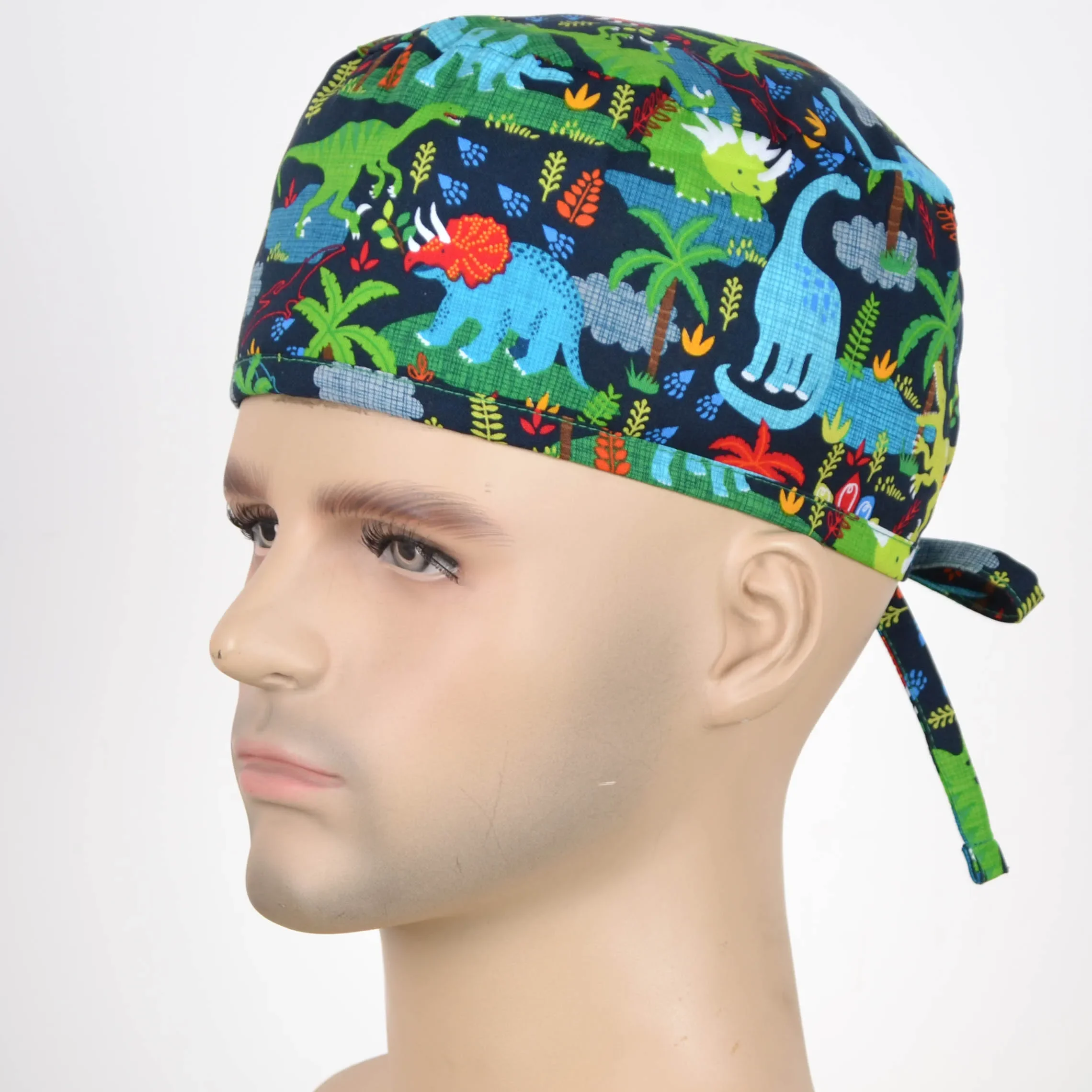 Men print scrub cap in 100% with tie back band for most of the men head