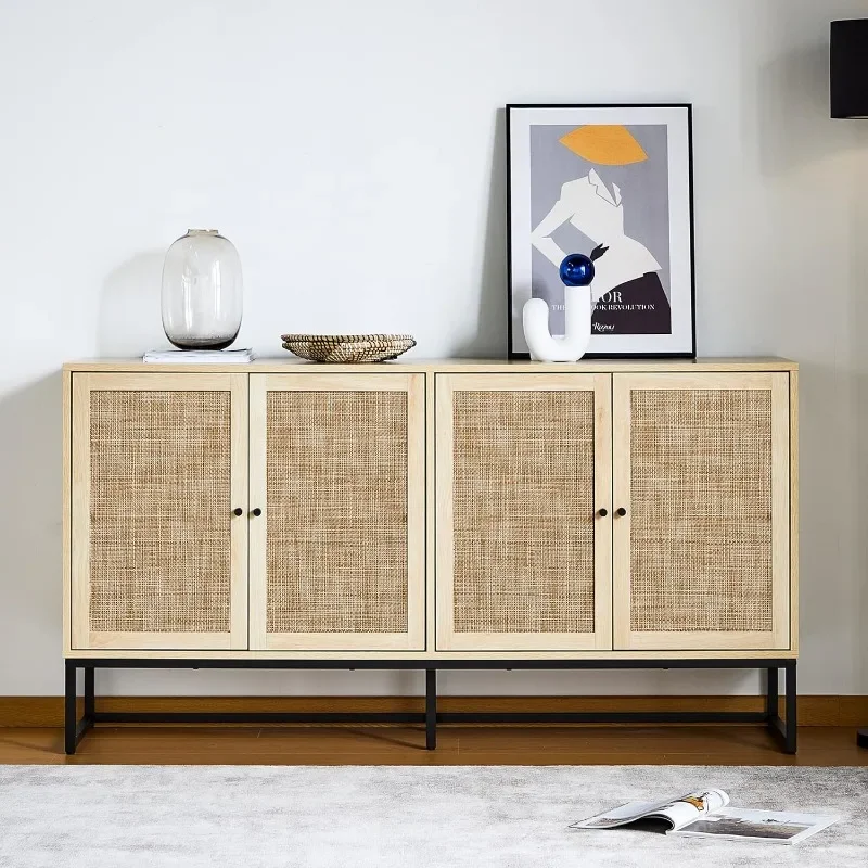 ZHENXIANG kabinet Sideboard Modern, kabinet penyimpanan aksen dengan pintu rotan dan rak dapat disesuaikan, Penyimpanan papan samping berdiri bebas