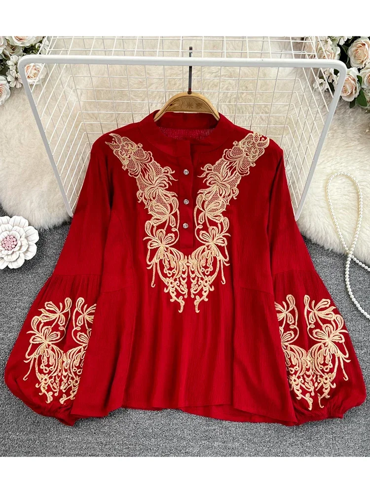 Women Spring Blouse Retro Ethnic Style Lantern Long Sleeve Round Neck Embroidered Loose Cotton Linen Shirt Casual Top D3548